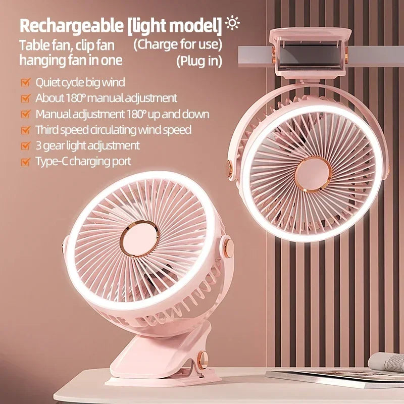 Camping Fan Rechargeable Desktop Portable Air Circulator Wireless Ceiling Electric Fan With LED Light Clip-on Home Fan 8000mAh
