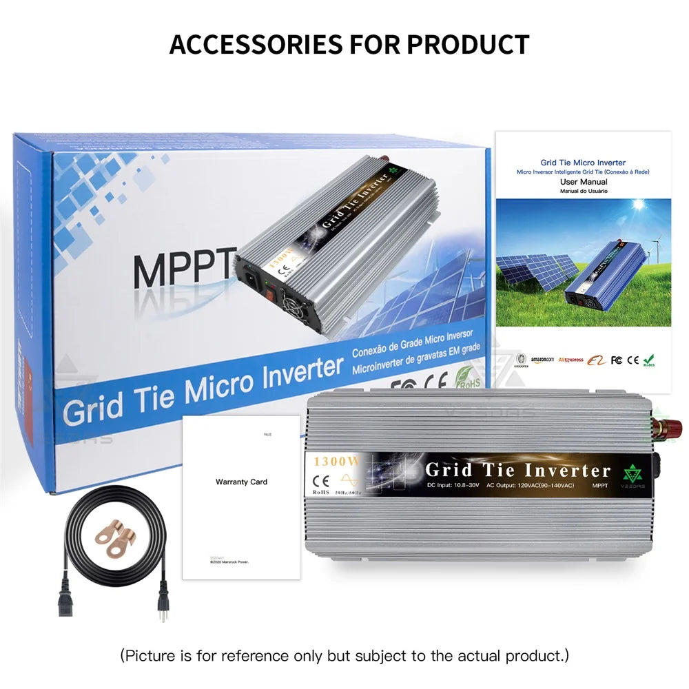 1300W Solar Home On Grid Tie Inverter 18V 36V DC MPPT Pure Sine Wave Inversor 110V 220V AC For PVGenerator Battery