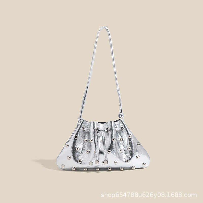 2025 New Rivet Underarm Women's Bag Cross-Border Exclusive Fashion Versatile Handheld Bucket Shoulder Tote Drawstring Bag
