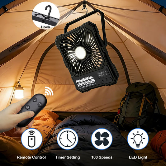Desktop Fan 20000mAh Rechargerable Portable Foldable Table Fan Camping Hang Ceiling Fan Air Circulator with Light Remote Control