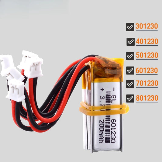 3.7V 200mAh 601230 Lithium Polymer Battery 301230 401230 501230 701230 801230 Rechargeable Lipo Batteries JST2.0 2Pin for Toys