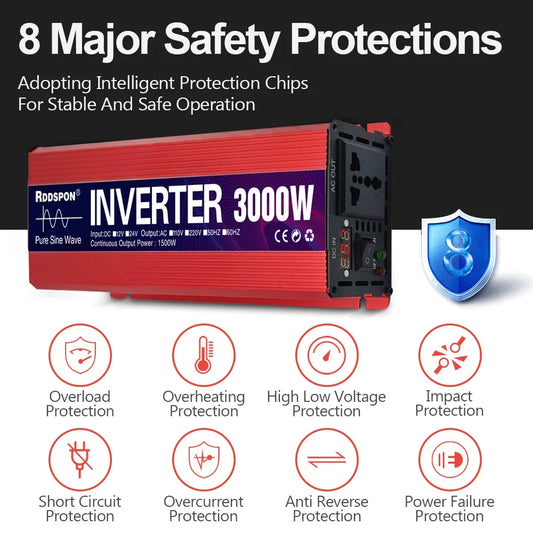 Pure Sine Wave Inverter 1000W 1600W 2200W 3000W Transformer Power Converter Solar Inverters DC 12V To AC 110V 220V 50Hz