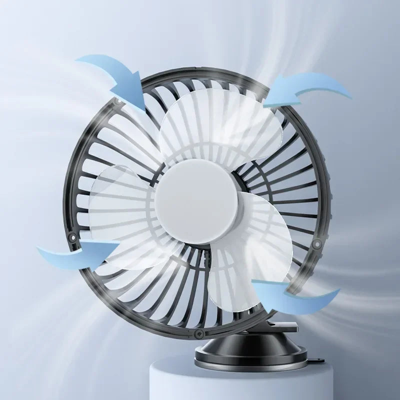 Car Fan 12V-24V Large Wind Three Speed Control Light and Portable Suction Cup Single Head Portable USB Rechargeable 360 Degree
