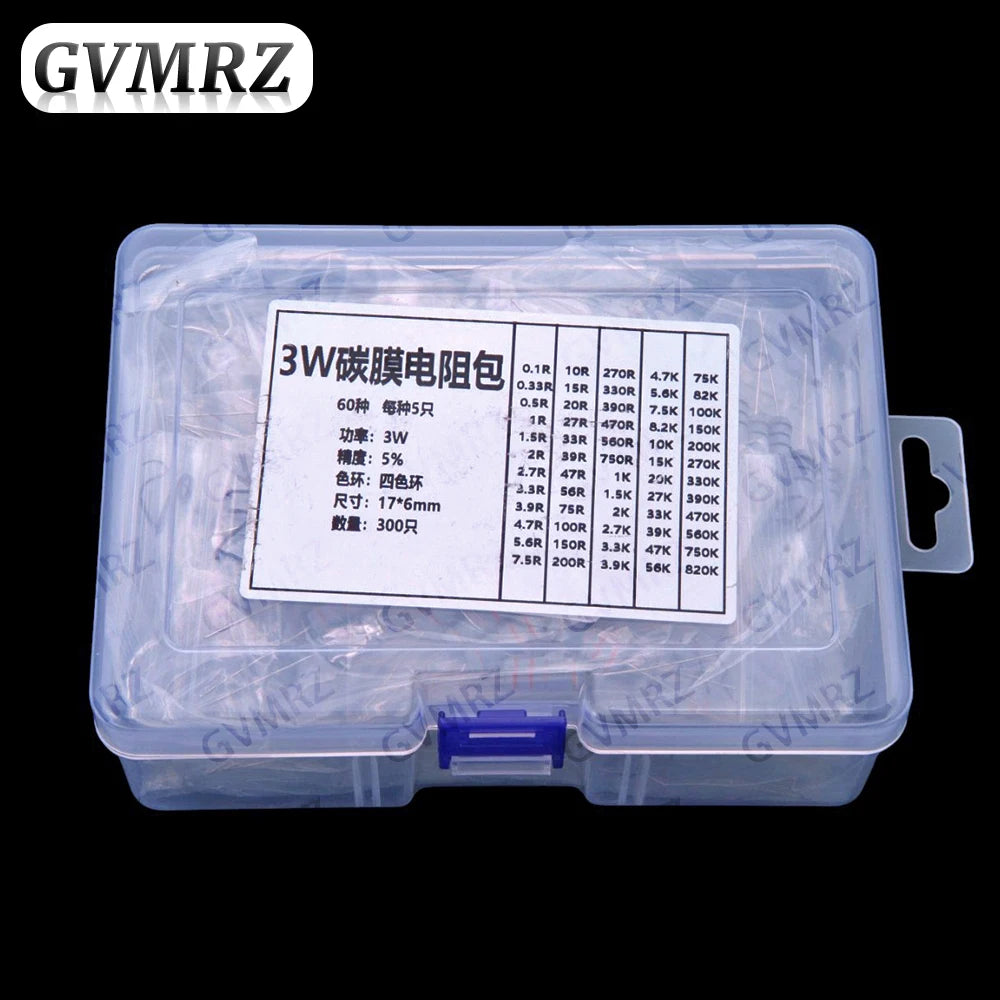 60Values 1W 2W 3W 5W 5% Carbon film resistors kit dip 0.1R 100R 200R 300R 1K 2K 3K Resistor 3W 5W 0.1R-3K