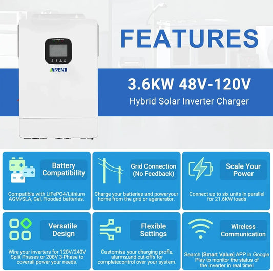 3600W Hybrid Solar Inverter 48V DC to 110V AC, Pure Sine Wave, Built-in 80A MPPT Controller, 98% Efficiency, Support Parallel 6
