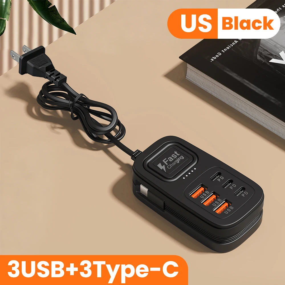6 Ports USB Fast Charger Power Strip Desktop Charging Station Fast Charging EU/UK/US Plug USB HUB Adapter Socket 3Type C 3USB