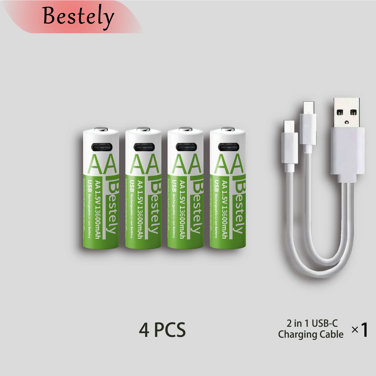 Latest Rechargeable 1.5V AA 13600mAh USB Lithium Battery , Fast Charging Li-ion AA Battery , 2000 Cycle with USB- C Port Cables