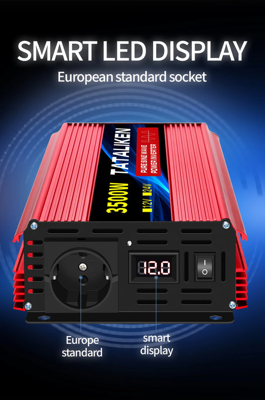 Inverter Pure Sine Wave 2500W/3500W/4500W/5000WDC 12V/24V to AC 220V 230V Voltage Transfer Converter Charging Adapter EU Socket