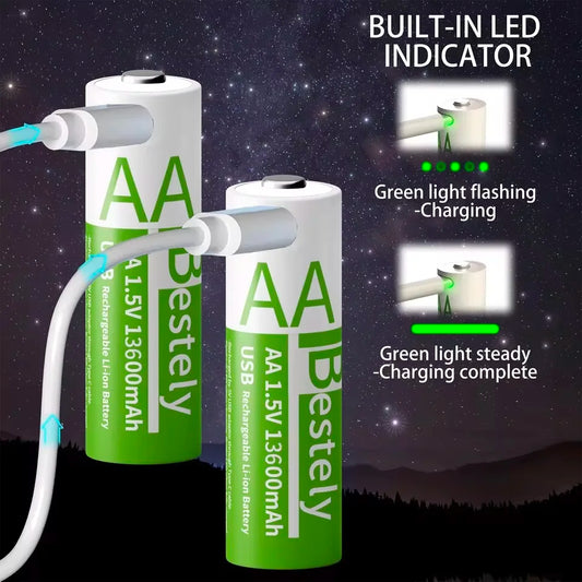Latest Rechargeable 1.5V AA 13600mAh USB Lithium Battery , Fast Charging Li-ion AA Battery , 2000 Cycle with USB- C Port Cables