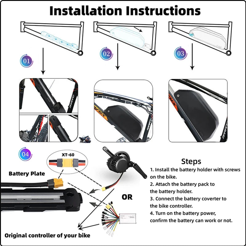 Electric bike Batterie 36v 48v 52v 25ah 30 40ah 50ah 60ah Lithium Battery ebike Hailong 60v 72v 1000w 2000w 3000w Conversion Kit