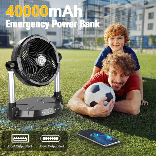 40000mAh Battery Operated Fan 12 Inch Rechargeable Floor Fan 4 Speeds 65Hrs Cooling 34.6 Height Adjustable 12V Output Cordless F