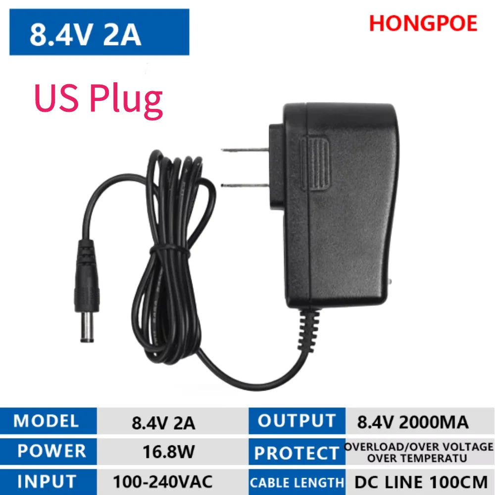 DC 4.2V 7.2V 8.4V 12.6V 13.8V 16.8V 1A 2A 18650 Lithium Battery Charger 12.6V 2A Power Supply Adapter AC 100V-240V 5.5mm X 2.1mm