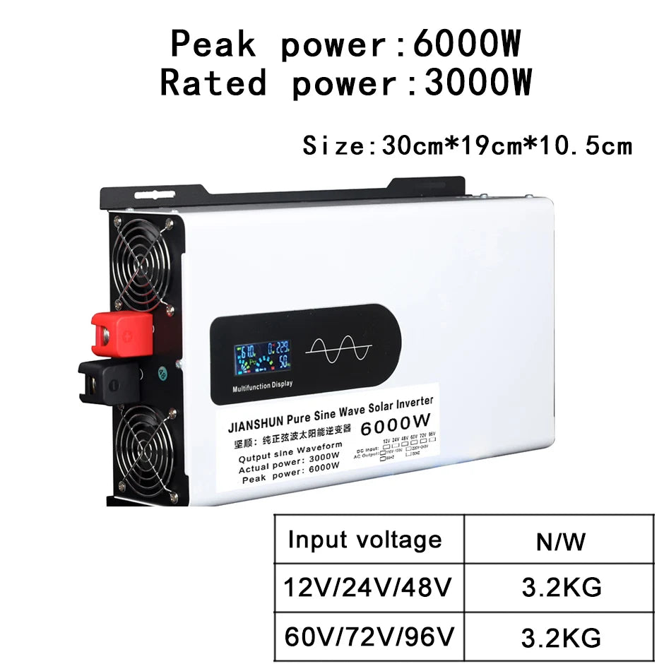 5000W 6KW 8KW 10KW 12000W Pure Sine Wave Inverter 12V/24V/48V/60V/72V/96V Power Inverter 110V 220V Solar Car Inverter Converter