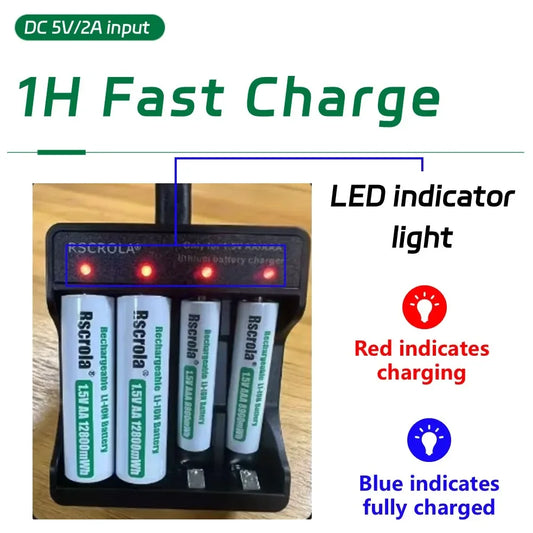 Rechargeable Lithium Battery AA 12800mWh Long-Lasting AA Rechargeable Batteries with Charger for Remote Controller Toys Doorbell