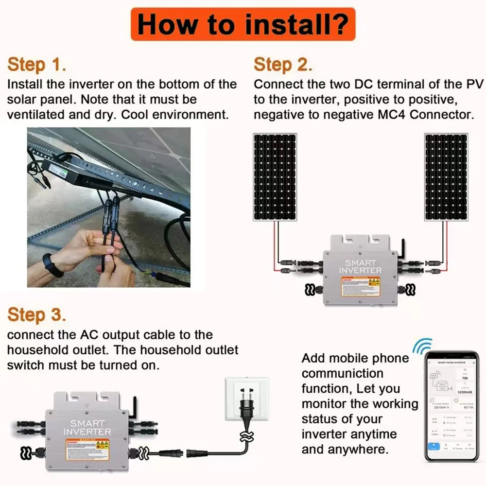 PV Input Voltage 20~60V AC Output 110V/230V Auto 600W/700W/800W/1000W Micro Solar Grid Tie Inverter With WIFI Monitor
