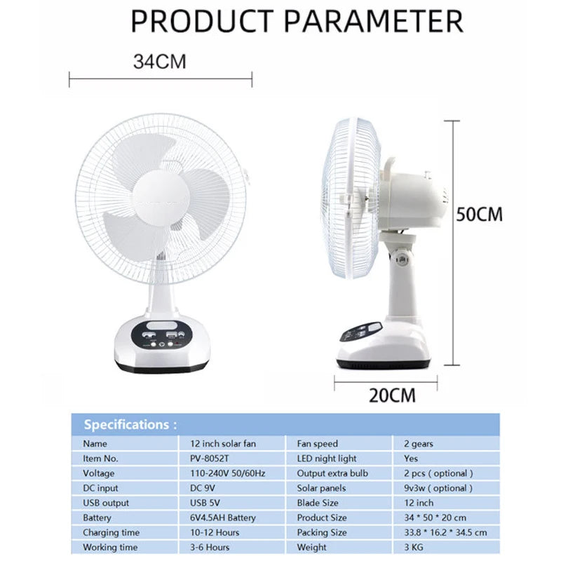 Solar Electric Fan Energy AC/DC 12in Rechargeable Table Fan Outdoor with LED USB Ports Home Office Cooling Air Fan Household