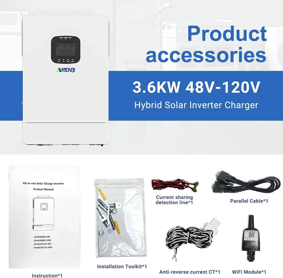 3600W Hybrid Solar Inverter 48V DC to 110V AC, Pure Sine Wave, Built-in 80A MPPT Controller, 98% Efficiency, Support Parallel 6
