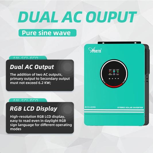 Anern Solar Hybrid Inverters 6.2KW 4.2KW 24V 48V With MPPT 140A Charger Controller Dual AC Output Pure Sine Wave for Home System