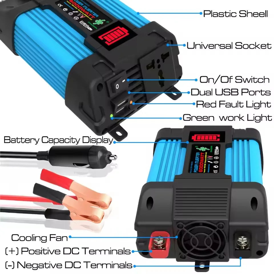 Car Inverter DC12V To AC 110V/220V 6000W Portable Power Bank Multifunctional Universal Socket Onboard Converter Solar Inverter
