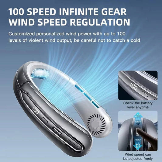 2026 New 8000mAh Portable Hanging Neck Fan Bladeless Neckband Fan Digital Display Power Air Cooler USB Rechargeable Electric Fan
