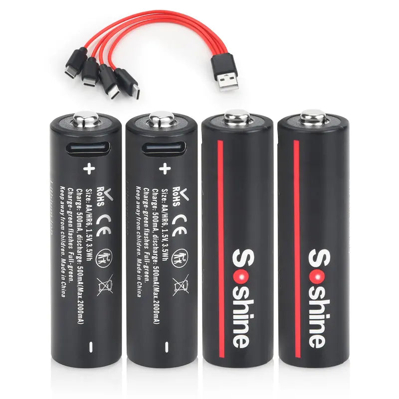 Soshine AA and AAA Li-ion Rechargeable Batteries USB Lithium 1.5V AA 2600mWh 3500mwh 4200mwh +1.5V AAA 600mwh 1100mWh Battery