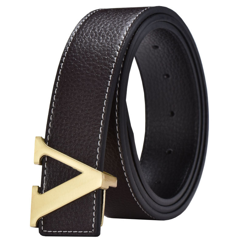 Foreign Trade Men's Belt Genuine Leather Smooth Buckle Belt Korean Style Fashion Letter V Genuine Leather Trouser Belt Men's Belt