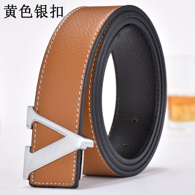 Foreign Trade Men's Belt Genuine Leather Smooth Buckle Belt Korean Style Fashion Letter V Genuine Leather Trouser Belt Men's Belt