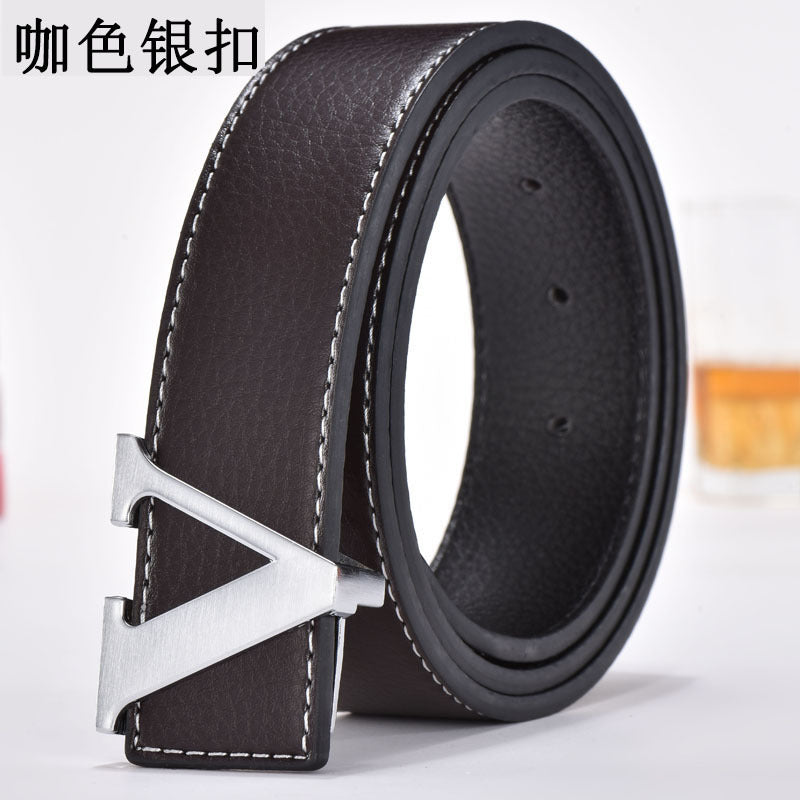 Foreign Trade Men's Belt Genuine Leather Smooth Buckle Belt Korean Style Fashion Letter V Genuine Leather Trouser Belt Men's Belt