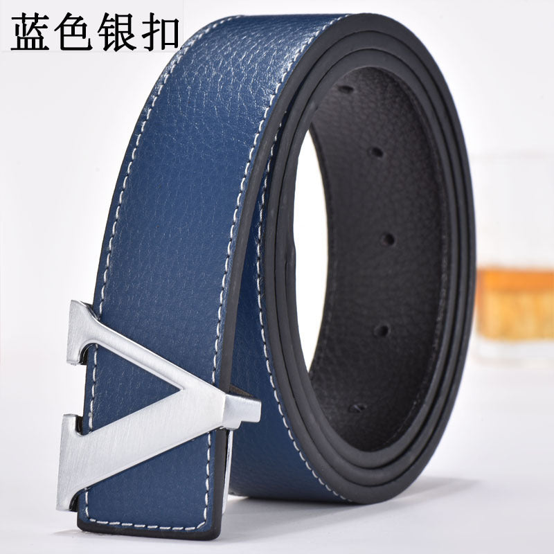 Foreign Trade Men's Belt Genuine Leather Smooth Buckle Belt Korean Style Fashion Letter V Genuine Leather Trouser Belt Men's Belt