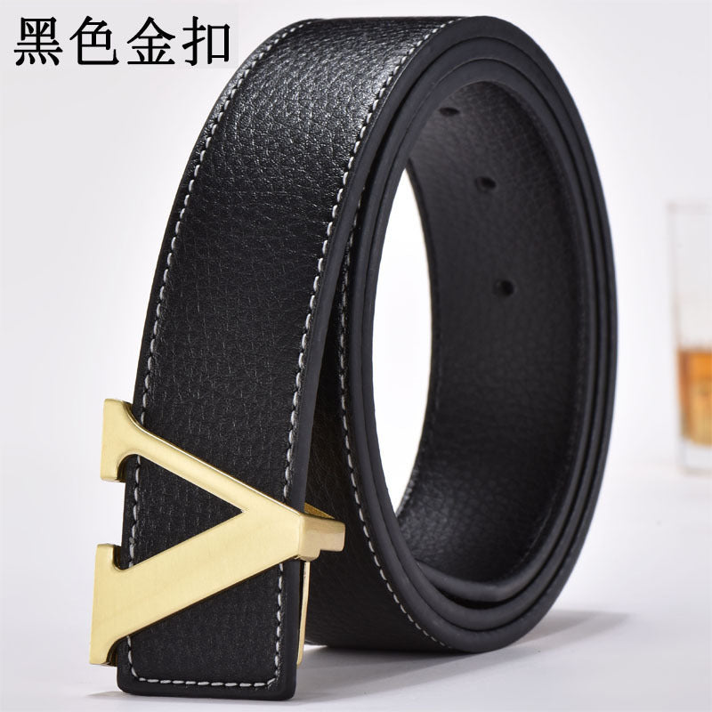 Foreign Trade Men's Belt Genuine Leather Smooth Buckle Belt Korean Style Fashion Letter V Genuine Leather Trouser Belt Men's Belt