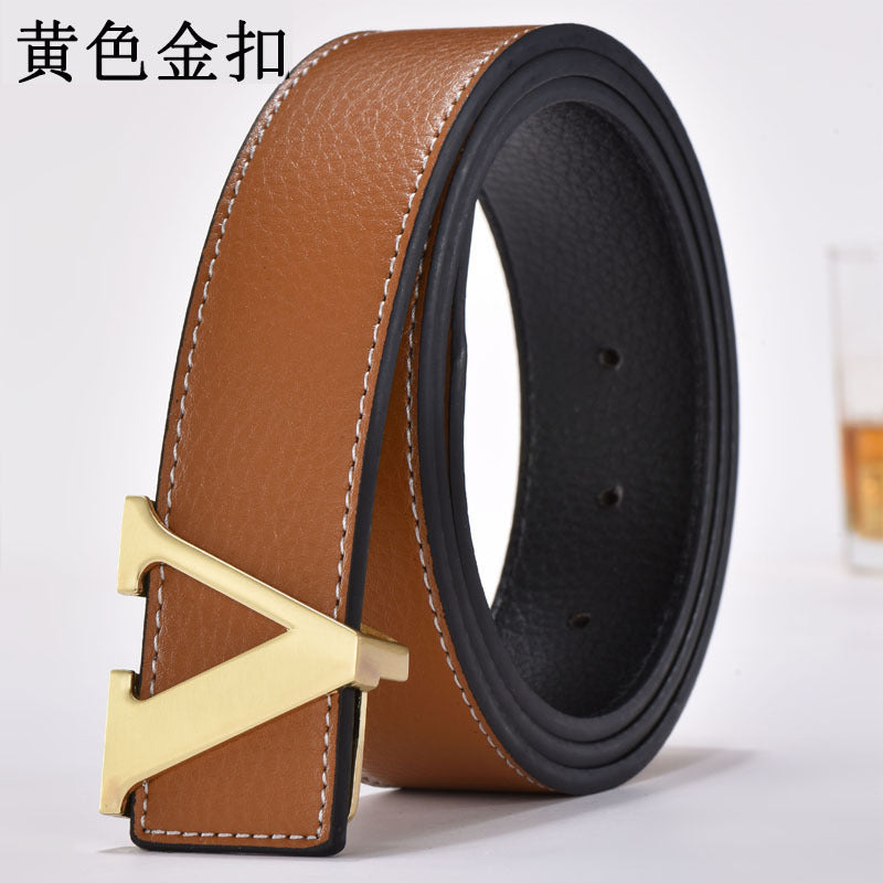 Foreign Trade Men's Belt Genuine Leather Smooth Buckle Belt Korean Style Fashion Letter V Genuine Leather Trouser Belt Men's Belt