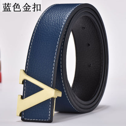 Foreign Trade Men's Belt Genuine Leather Smooth Buckle Belt Korean Style Fashion Letter V Genuine Leather Trouser Belt Men's Belt