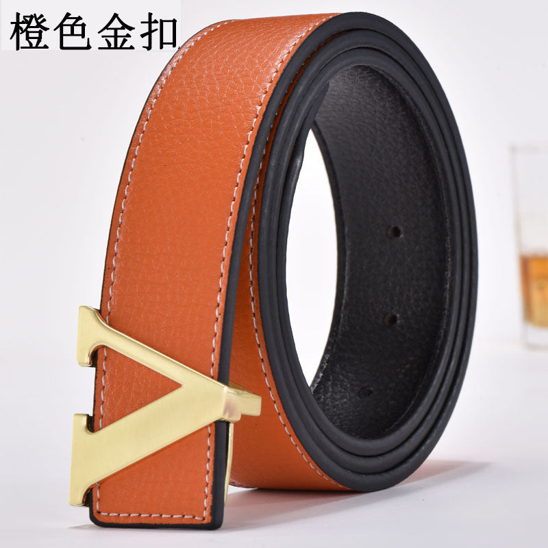 Foreign Trade Men's Belt Genuine Leather Smooth Buckle Belt Korean Style Fashion Letter V Genuine Leather Trouser Belt Men's Belt