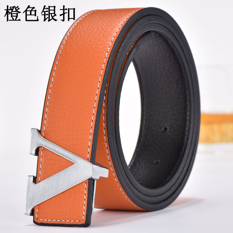 Foreign Trade Men's Belt Genuine Leather Smooth Buckle Belt Korean Style Fashion Letter V Genuine Leather Trouser Belt Men's Belt