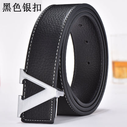 Foreign Trade Men's Belt Genuine Leather Smooth Buckle Belt Korean Style Fashion Letter V Genuine Leather Trouser Belt Men's Belt
