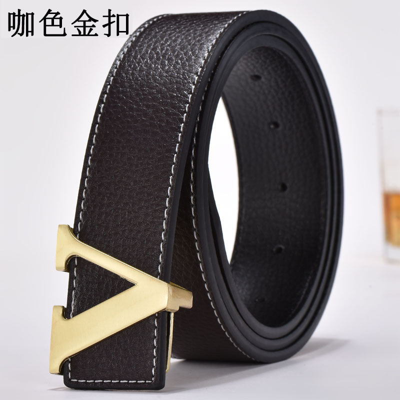 Foreign Trade Men's Belt Genuine Leather Smooth Buckle Belt Korean Style Fashion Letter V Genuine Leather Trouser Belt Men's Belt