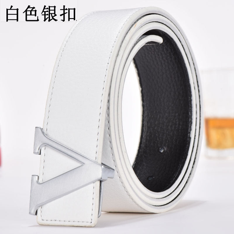 Foreign Trade Men's Belt Genuine Leather Smooth Buckle Belt Korean Style Fashion Letter V Genuine Leather Trouser Belt Men's Belt