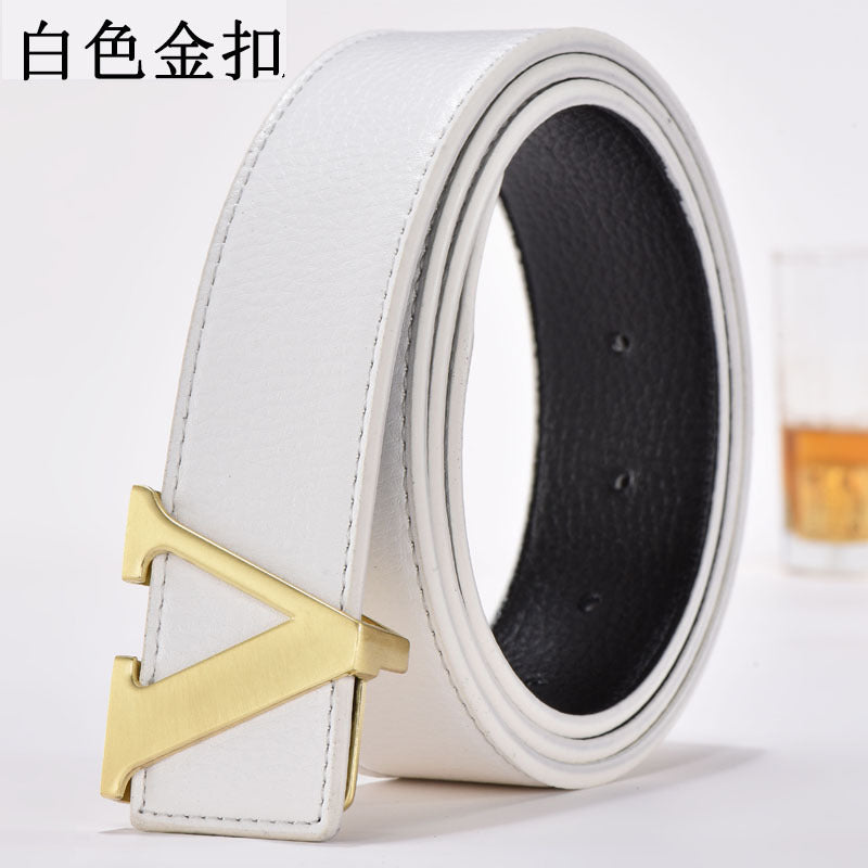 Foreign Trade Men's Belt Genuine Leather Smooth Buckle Belt Korean Style Fashion Letter V Genuine Leather Trouser Belt Men's Belt