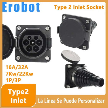 Erobot Electric Vehicle Cars Charging Evse Type 2 EV Inlet Sockets 16A-32A 1P 3 Phase For IEC 62196-2 EV Charger Adaptor Plug