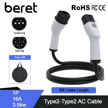 Type2 To Type2 Portable 5M EV Charging Cable 32/16A 3.5/7/11/22KW For EV Cars Full Length 5M With Public Charging Stations