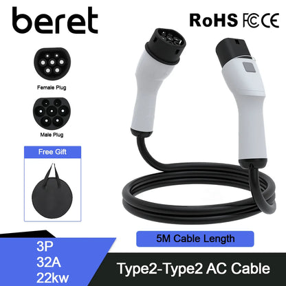 Type2 To Type2 Portable 5M EV Charging Cable 32/16A 3.5/7/11/22KW For EV Cars Full Length 5M With Public Charging Stations