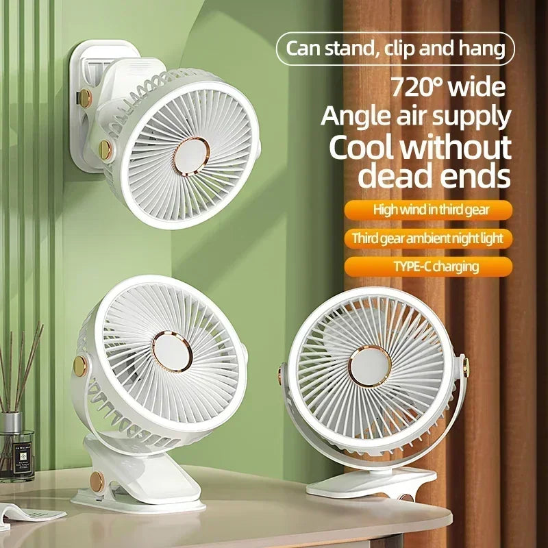 Camping Fan Rechargeable Desktop Portable Air Circulator Wireless Ceiling Electric Fan With LED Light Clip-on Home Fan 8000mAh