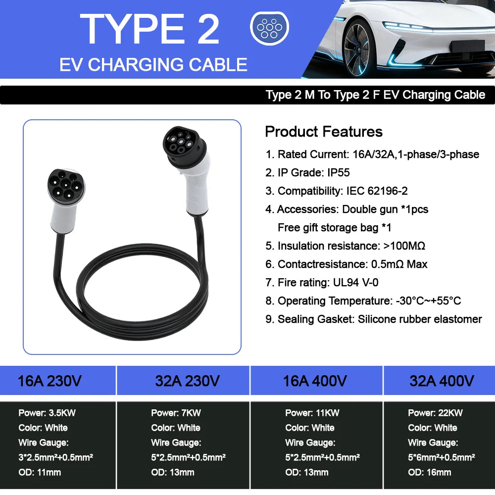 Type2 To Type2 Portable 5M EV Charging Cable 32/16A 3.5/7/11/22KW For EV Cars Full Length 5M With Public Charging Stations