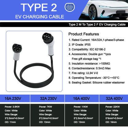 Type2 To Type2 Portable 5M EV Charging Cable 32/16A 3.5/7/11/22KW For EV Cars Full Length 5M With Public Charging Stations