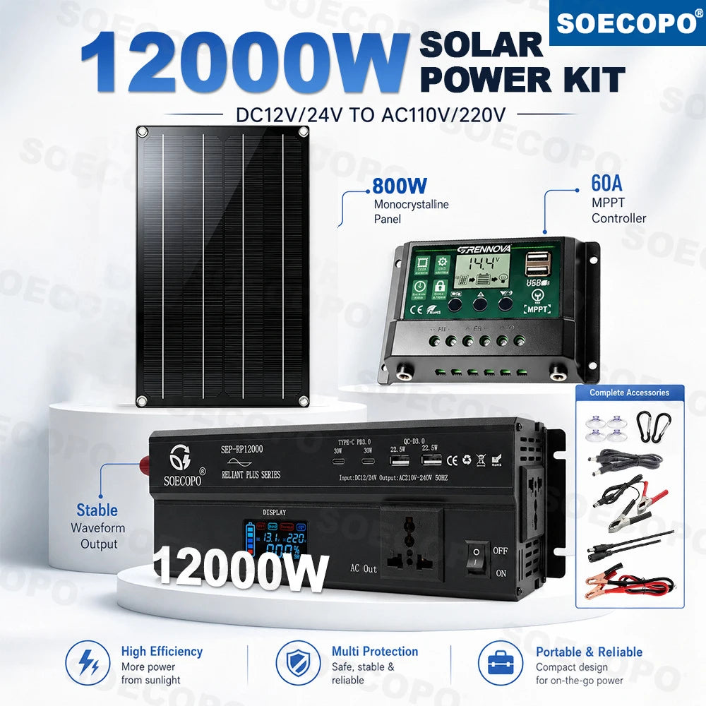 Solar System Power Kit 12000W 1000W Rated 12V/24V To 110V 220V Inverter Peak 800W Panel 60A MPPT Controller 4 USB for RV TV