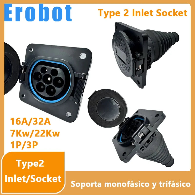 Erobot Electric Vehicle Cars Charging Evse Type 2 EV Inlet Sockets 16A-32A 1P 3 Phase For IEC 62196-2 EV Charger Adaptor Plug