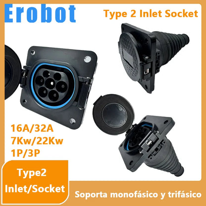 Erobot Electric Vehicle Cars Charging Evse Type 2 EV Inlet Sockets 16A-32A 1P 3 Phase For IEC 62196-2 EV Charger Adaptor Plug