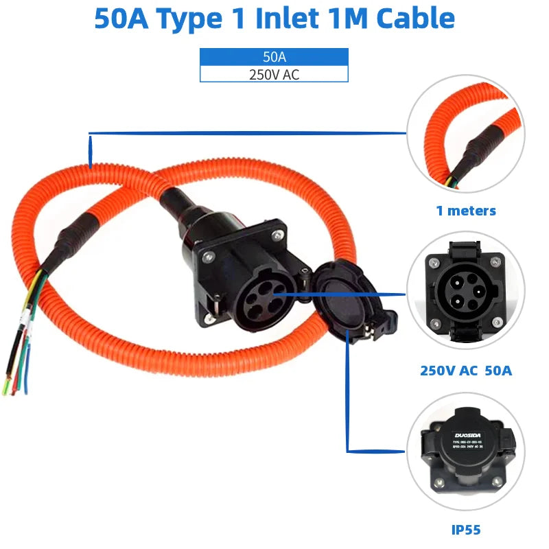 EV Electric Vehicle Car Portable EV Charger stock 50A J1772 AC inlet socket connector with 1m UL TUV cable single phase Level 2