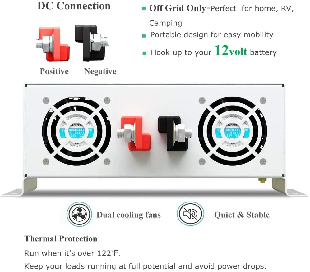 2500W Inverter Pure Sine Wave Solar Full Power Generator Battery Transformer Converter 12V/24V/36V/48V DC to 120V/230V/240V AC