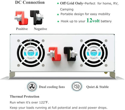 2500W Inverter Pure Sine Wave Solar Full Power Generator Battery Transformer Converter 12V/24V/36V/48V DC to 120V/230V/240V AC